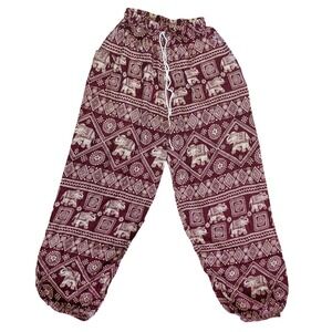 Burgundy harem pants Thai elephant pattern and elasticated ankle cuffs Boho